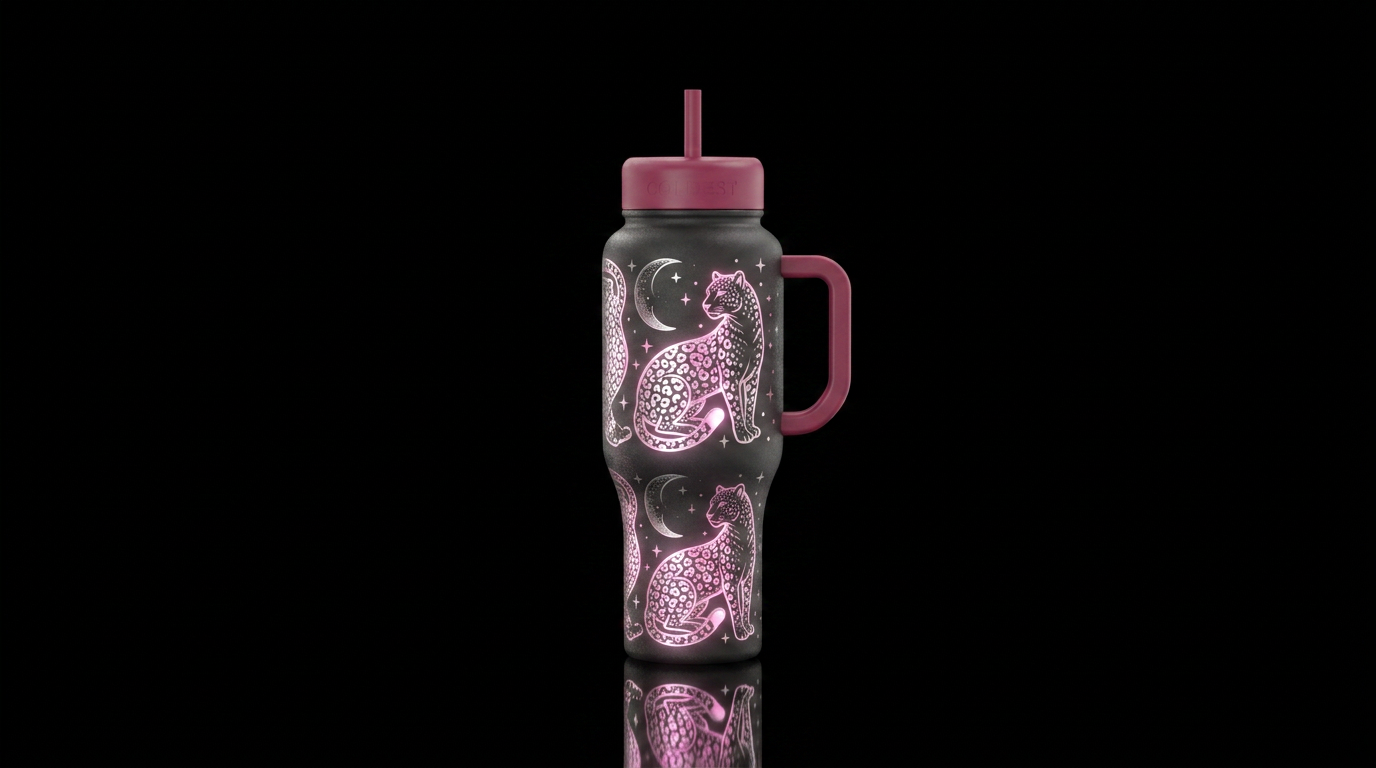 Whimsical magical pink moonlight glowie leopard et... water bottle design