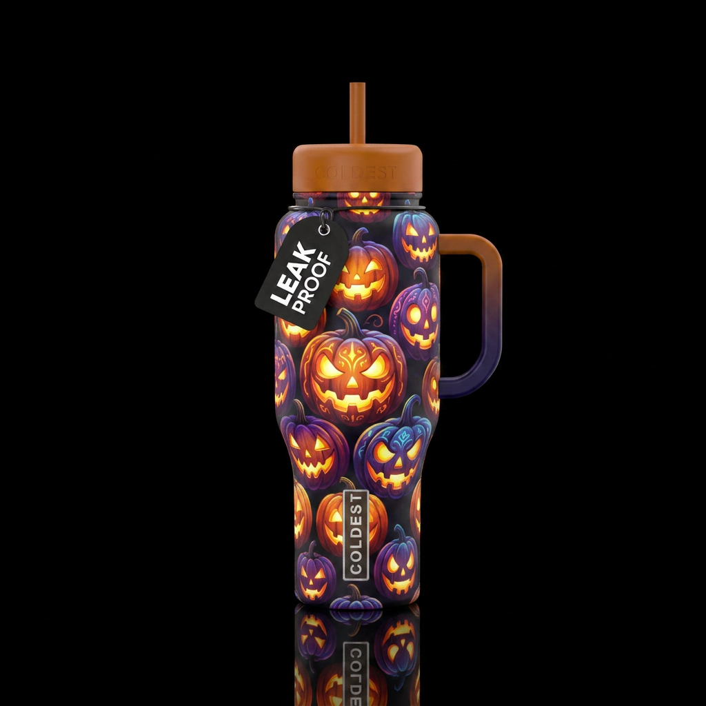 Whimsical magical pumpkin heads glowing all over t... water bottle design
