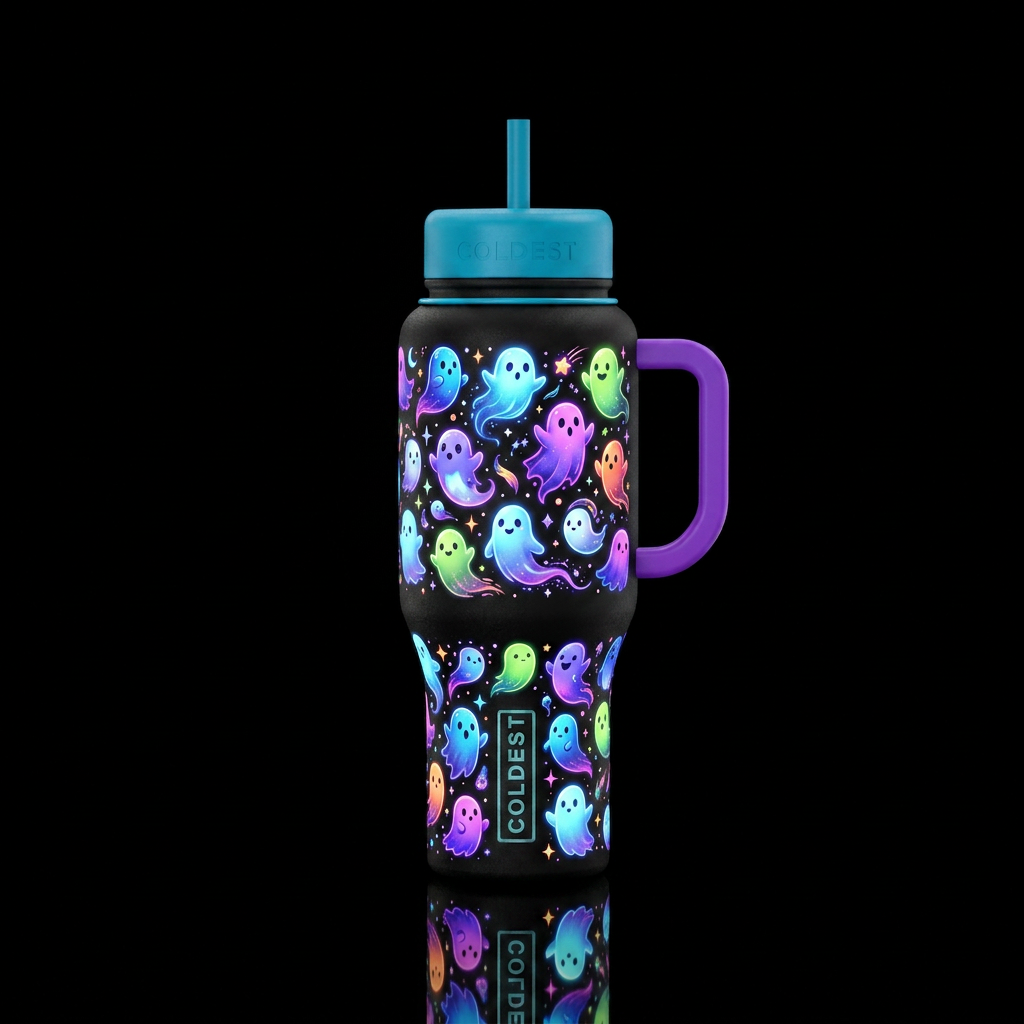Whimsical magical floaty ghosts all around the bot... water bottle design