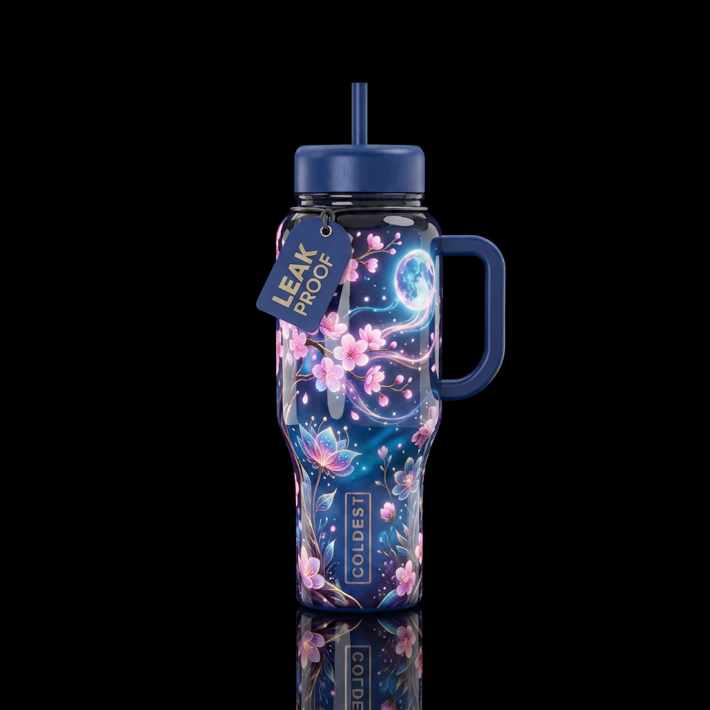 Whimsical magical glossy floral moonlight, cherry ... water bottle design