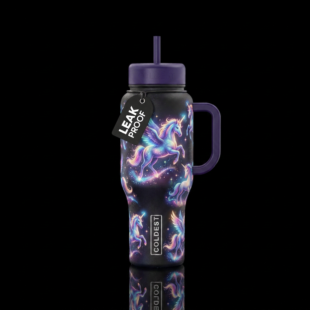 Whimsical magical glowie unicorns all over the bot... water bottle design
