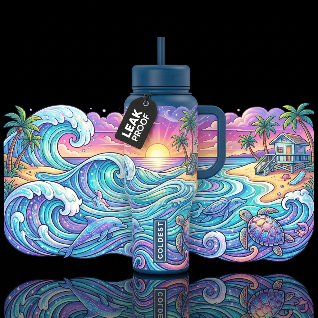 Whimsical magical of surf beach California water bottle design