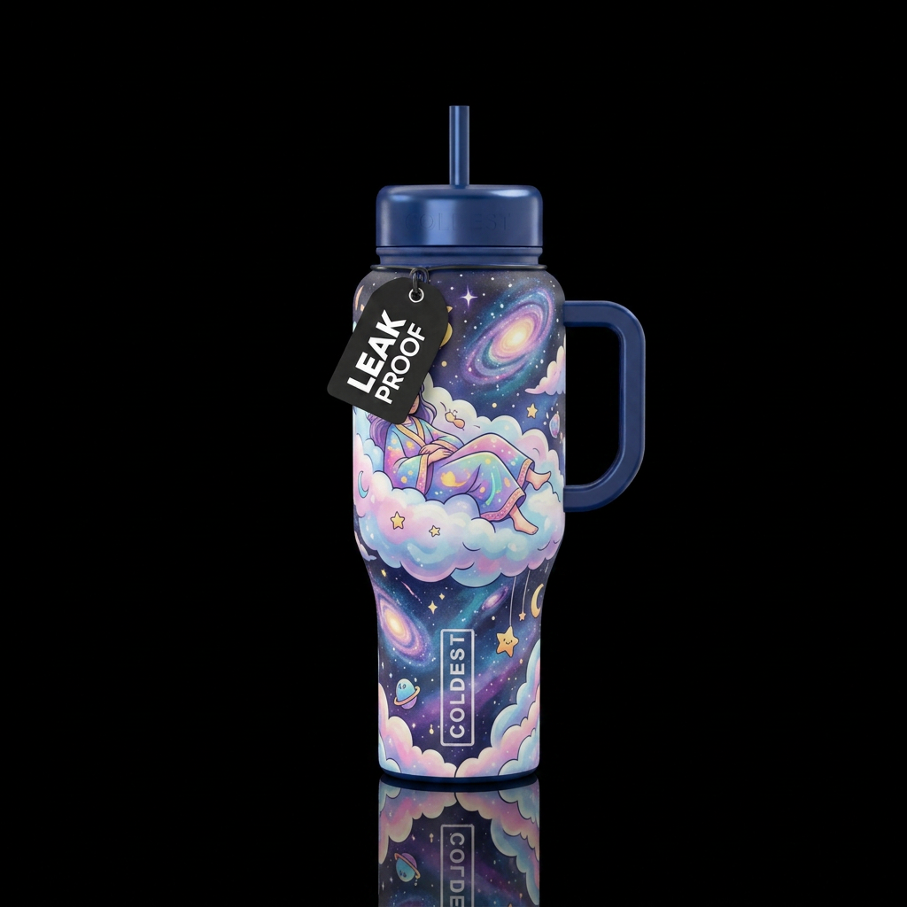 Whimsical magical dreamer flouting on the clouds water bottle design