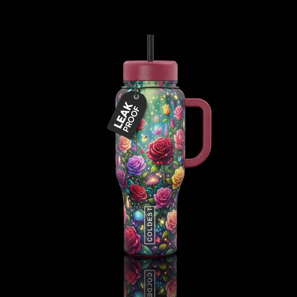 Whimsical magical a colorful rose garden glowie water bottle design