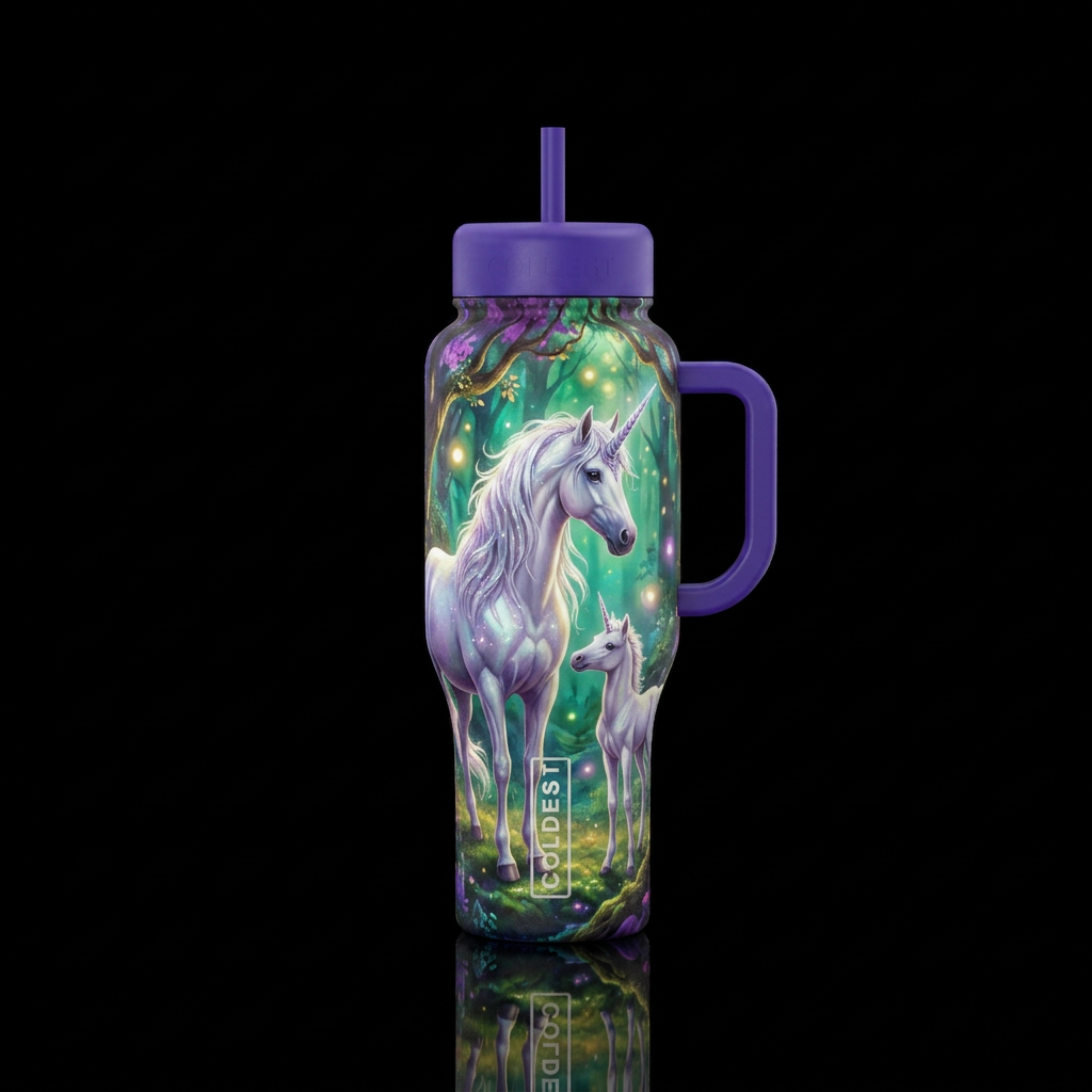 White unicorn in a magical forest with a young uni... water bottle design