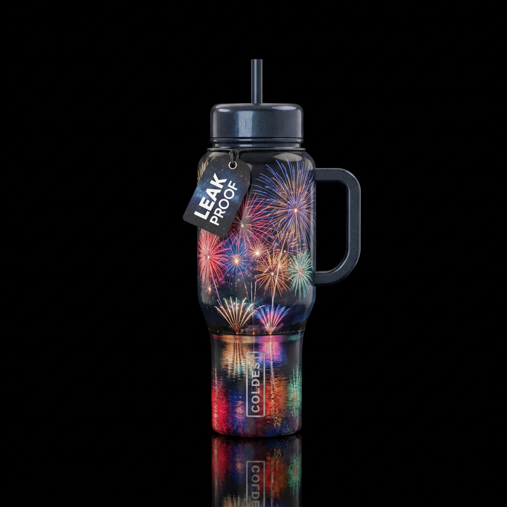 Colorful fireworks display reflected on a beautifu... water bottle design