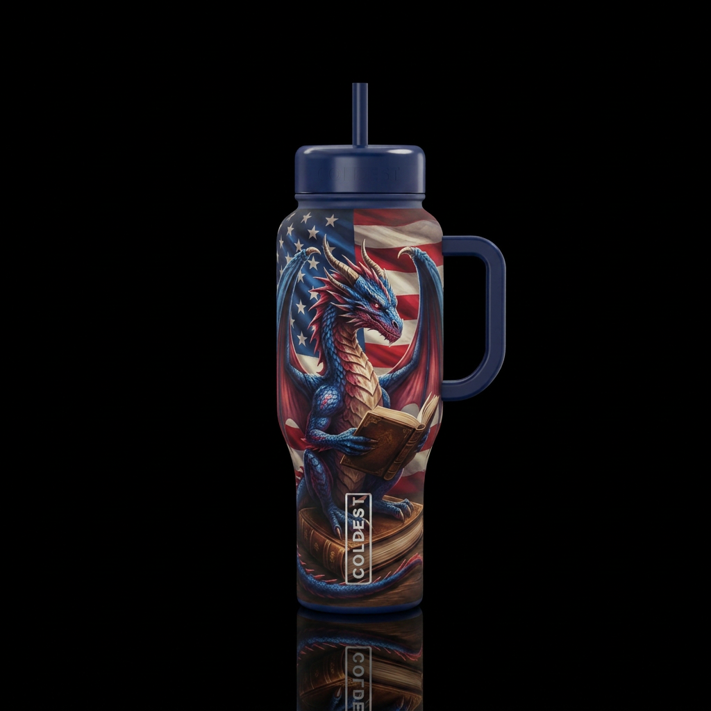 Realistic dragon reading a book with an American f... water bottle design