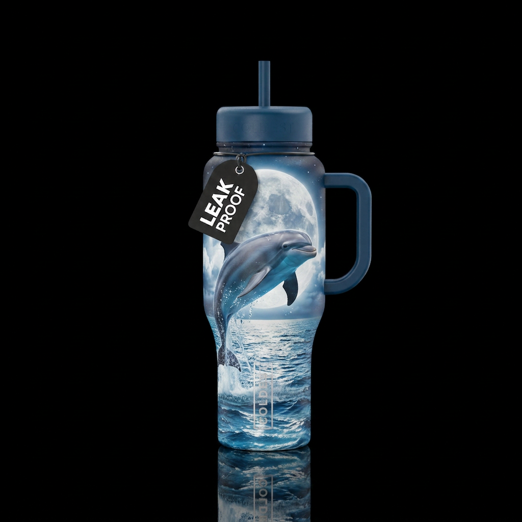 Realistic dolphin jumping out of a beautiful ocean... water bottle design