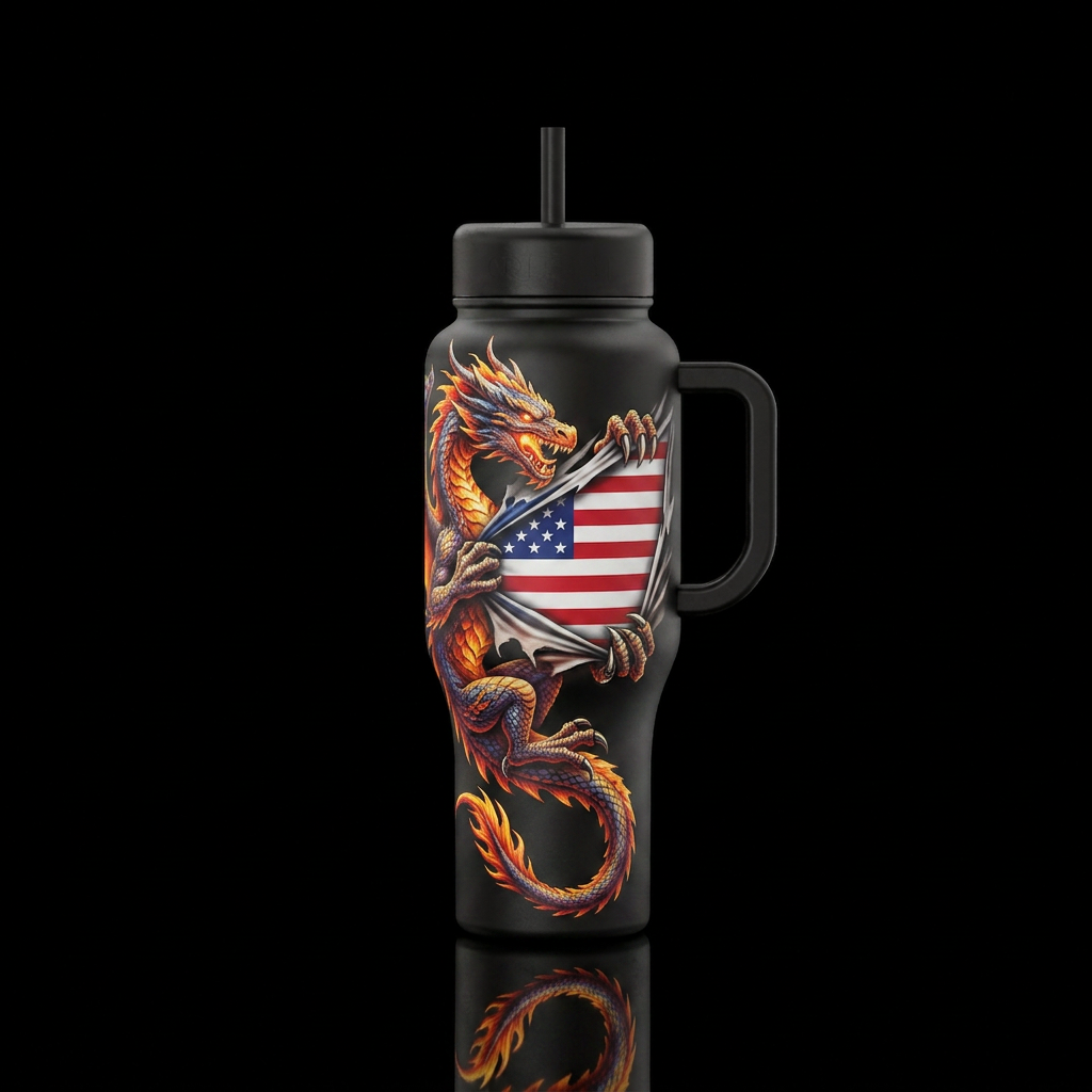 A dragon climbing up with the United States flag b... water bottle design