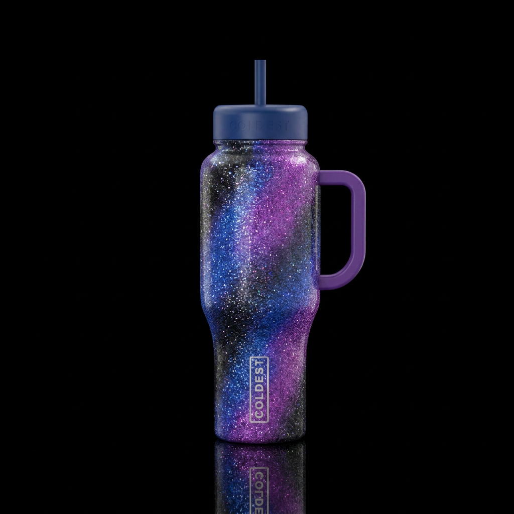 A glittery bottle with an ombré effect swirling ac... water bottle design