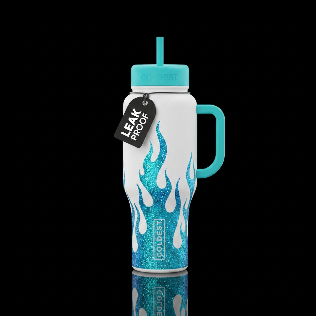 White bottle with blue and turquoise glitter flame... water bottle design