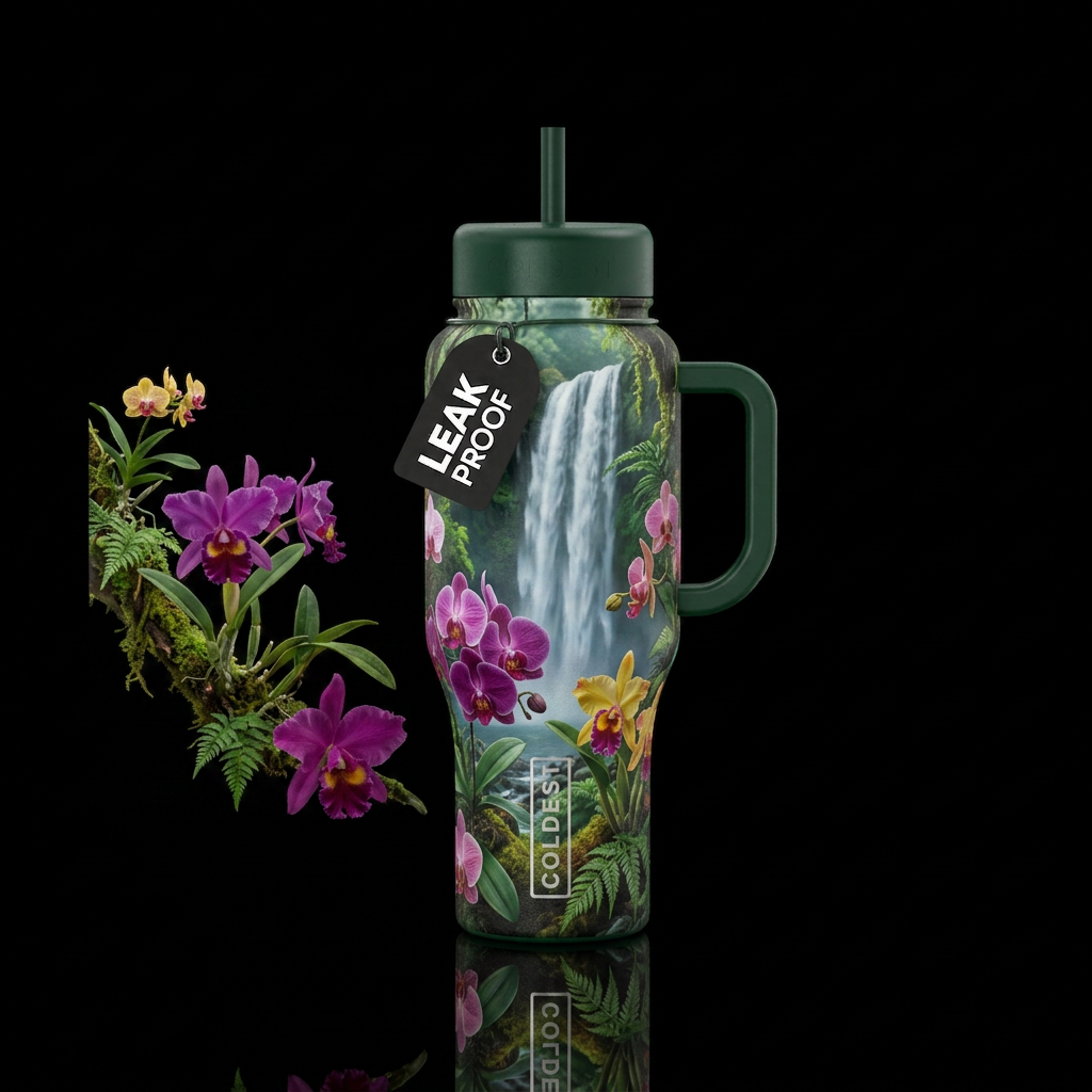 The scene will depict the most gorgeous, wild orch... water bottle design