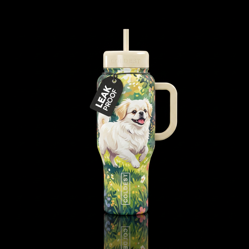 A happy white pek-a-chin with cream color highligh... water bottle design