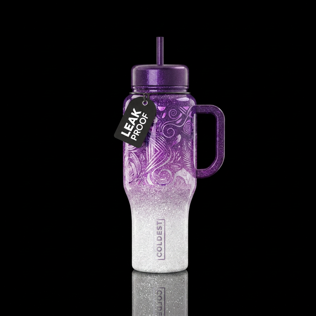 A glittery cup with bright white towards the botto... water bottle design