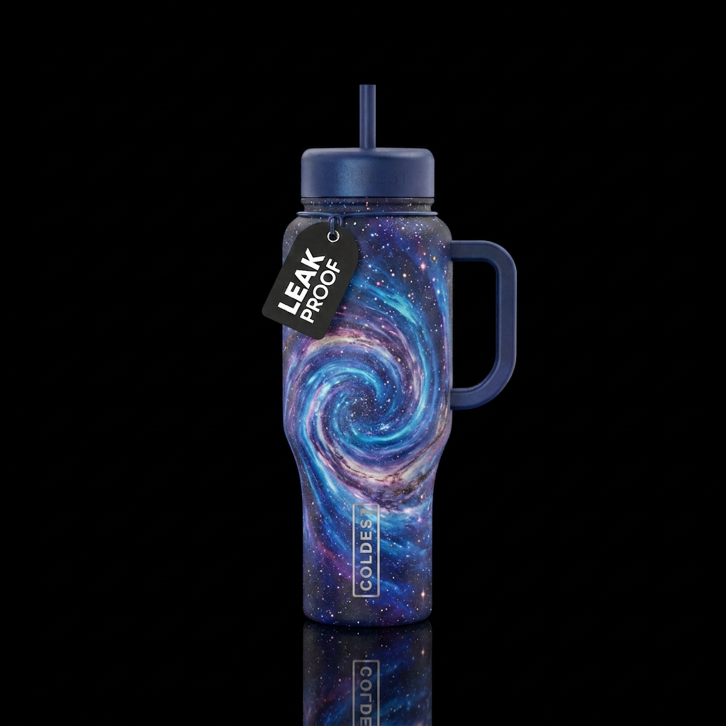 A celestial vortex with vibrant blues and purples,... water bottle design