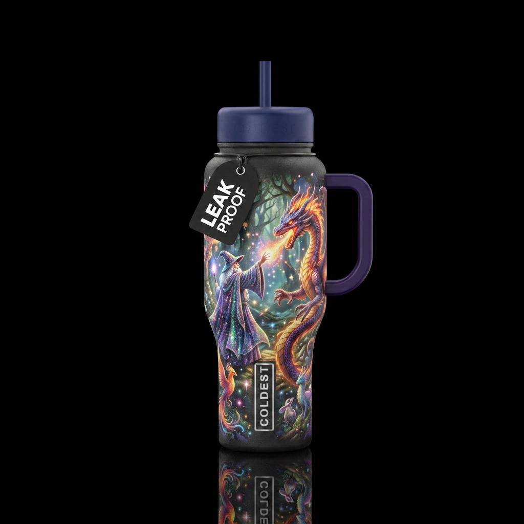 wizard, dragon, fantasy, whimsical, mythical, irri... water bottle design