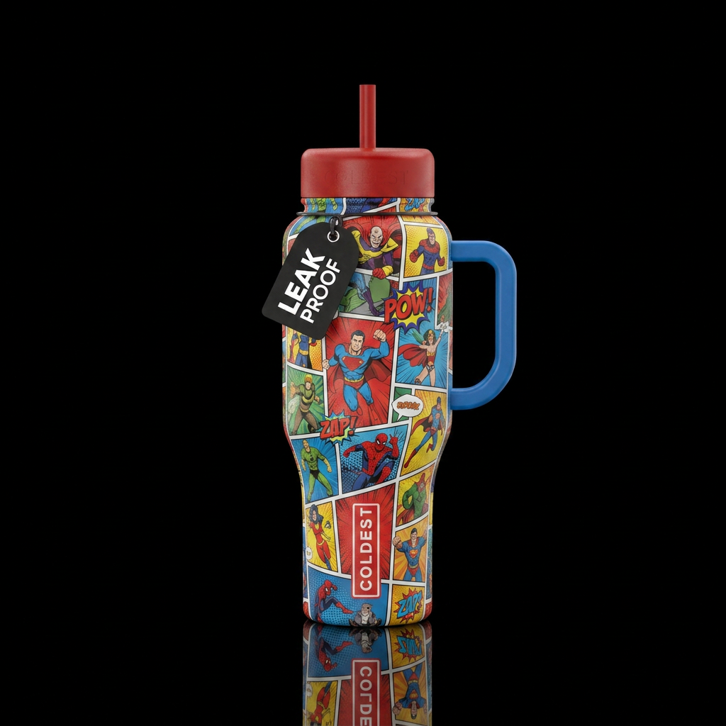 A montage of unknown superheroes and supervillains... water bottle design