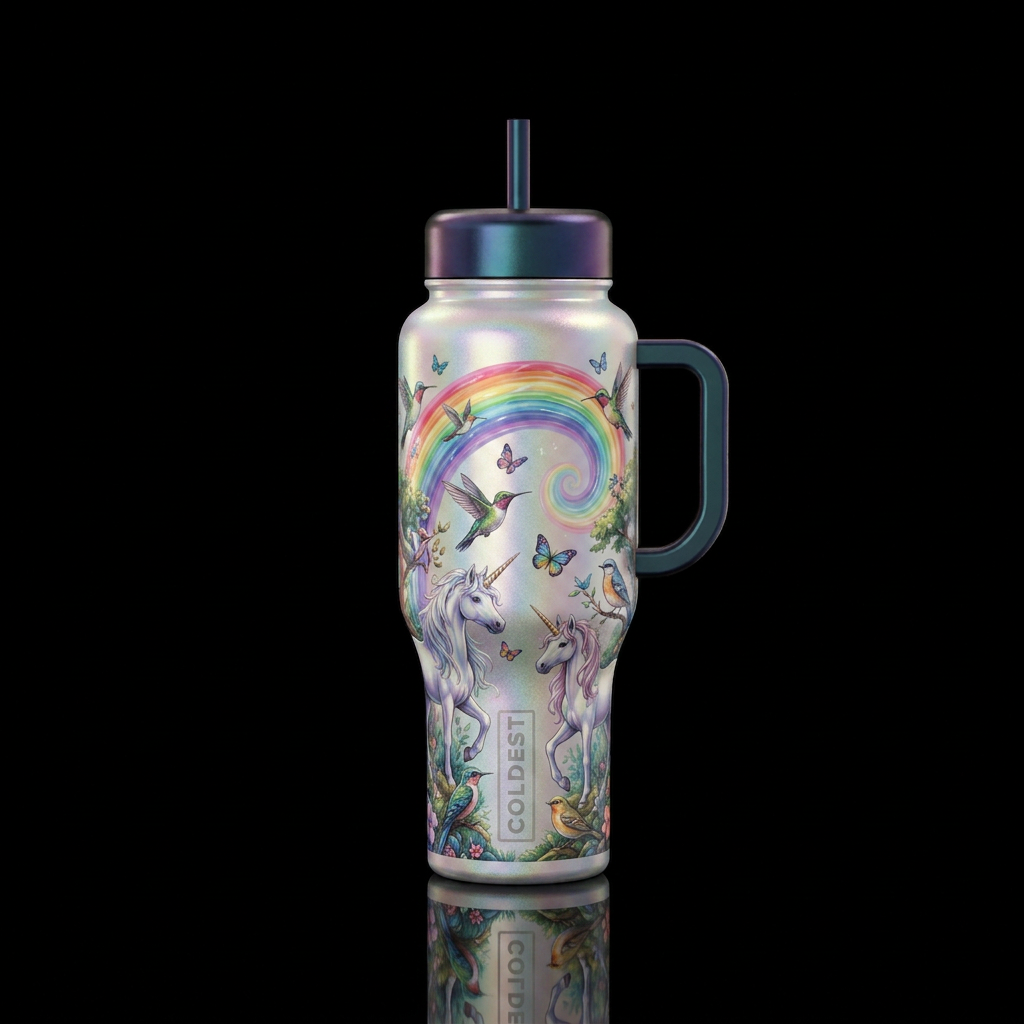Unicorns butterflies rainbows, sparkly, shiny, bea... water bottle design