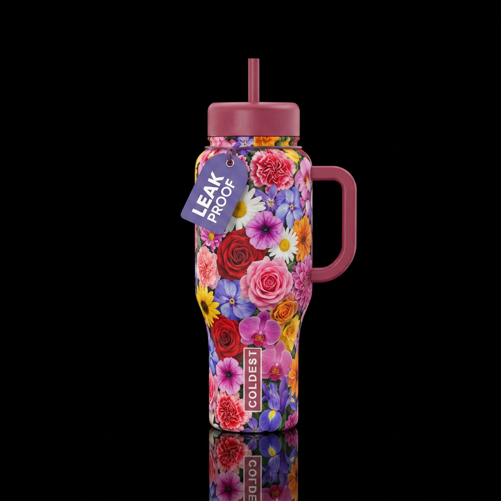 Plethora of different flowers including roses dais... water bottle design
