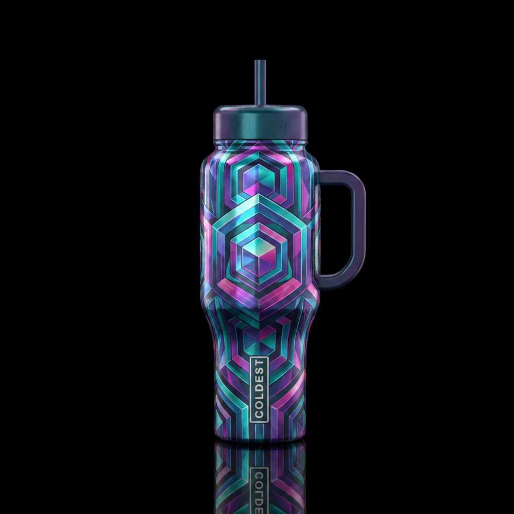 Prisms octagons geometrical, vibrant, shiny, moder... water bottle design