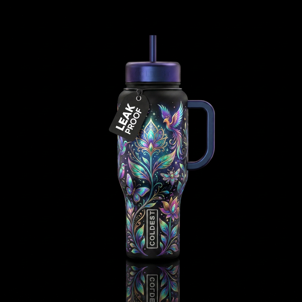 exotic plants, modern, glowie, sparkly, shiny, bea... water bottle design