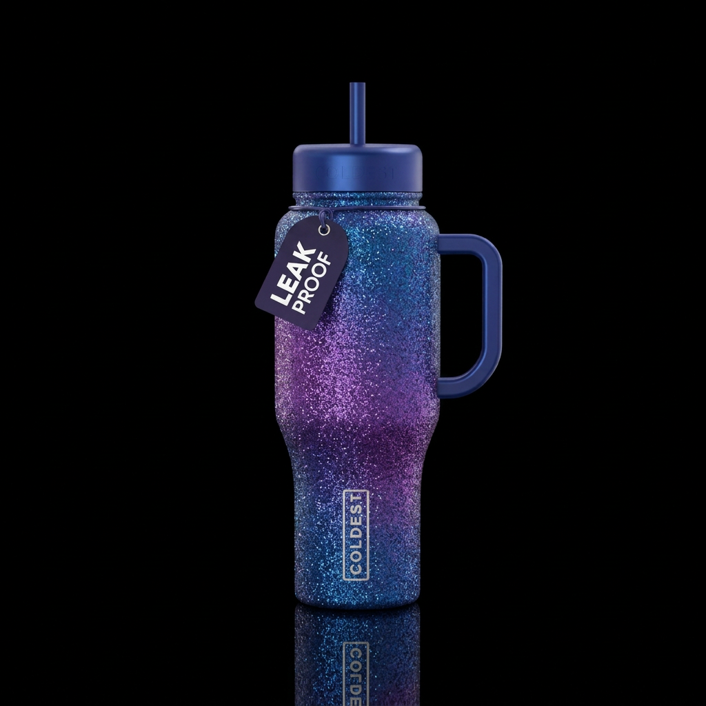 Glitter with beautiful blues and purples fading in... water bottle design