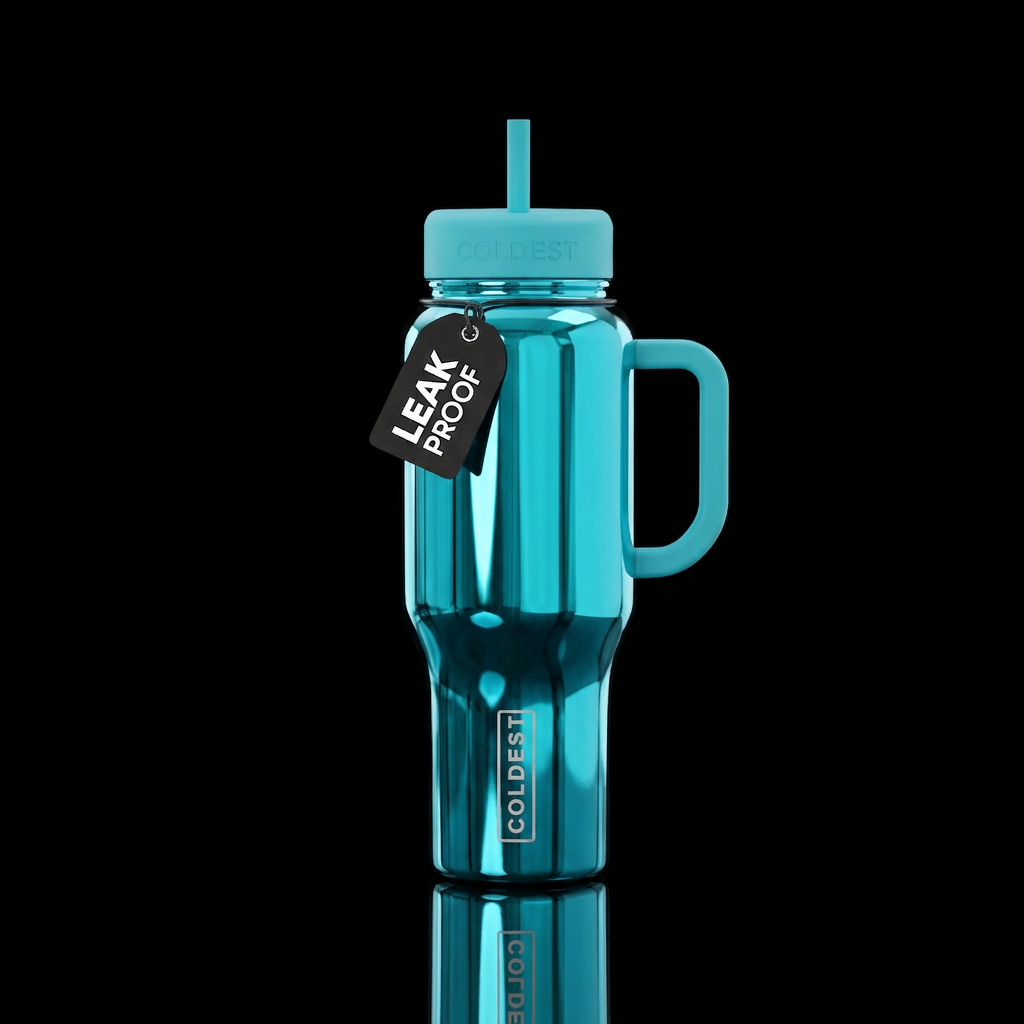 A mirror like turquoise reflective finish water bottle design