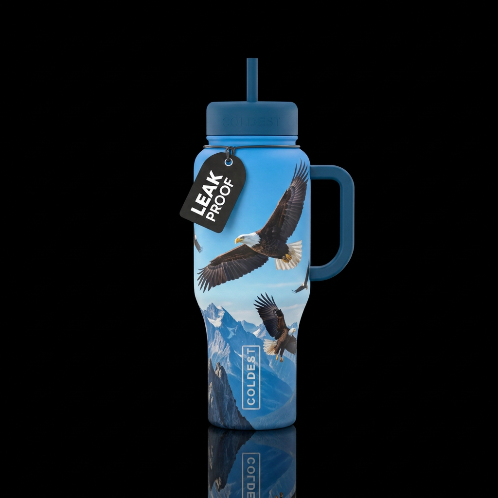 Beautiful bald eagles soaring over mountain tops o... water bottle design