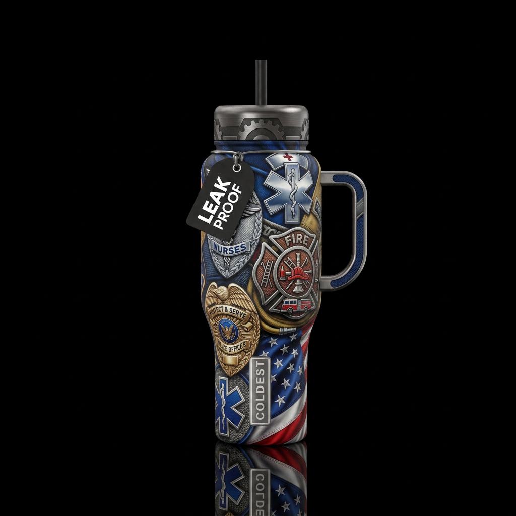 A tribute to our nurses, first responders, firefig... water bottle design