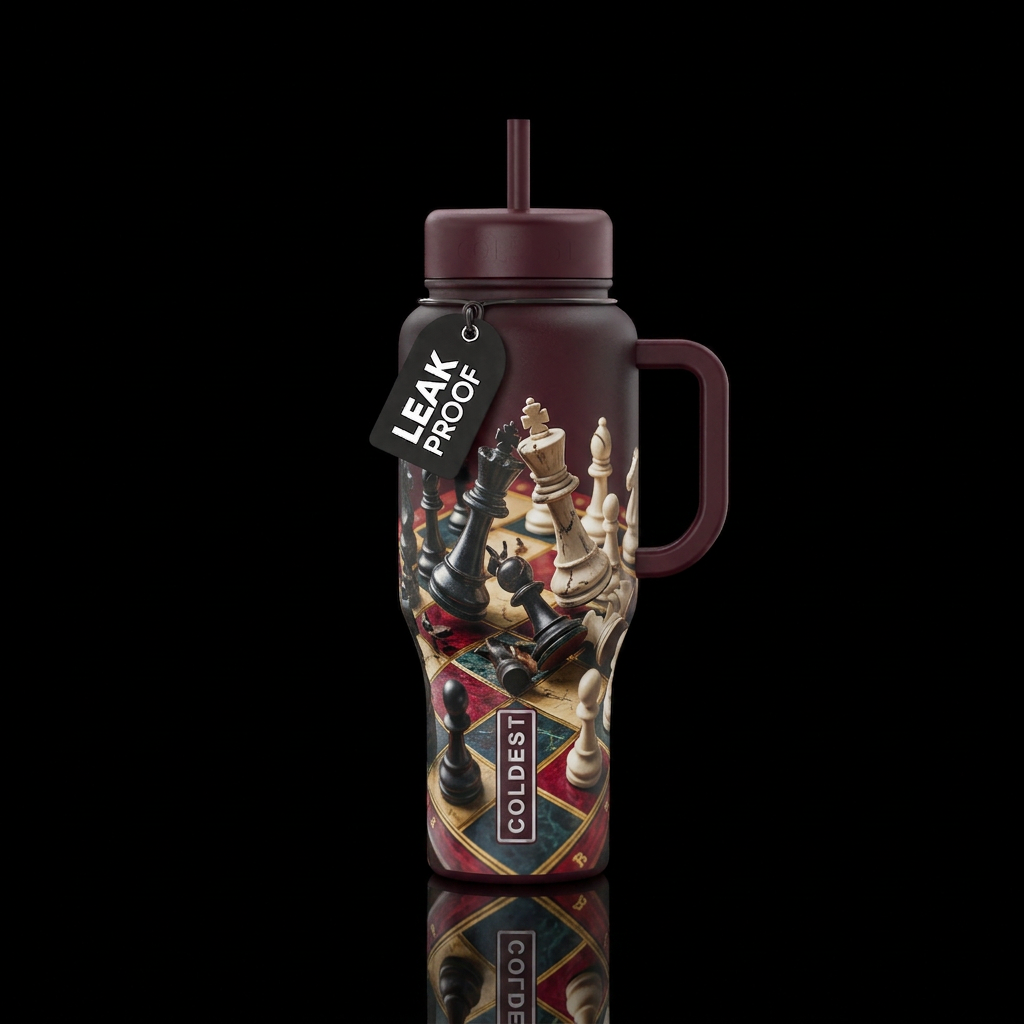 A chess board with lifelike chess pieces in the mi... water bottle design