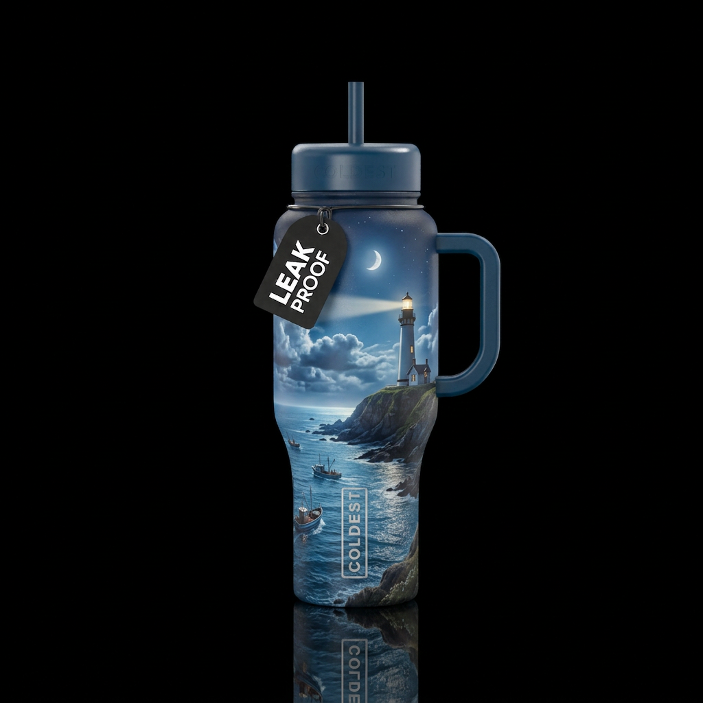 A big beautiful lighthouse on a cliff guiding boat... water bottle design