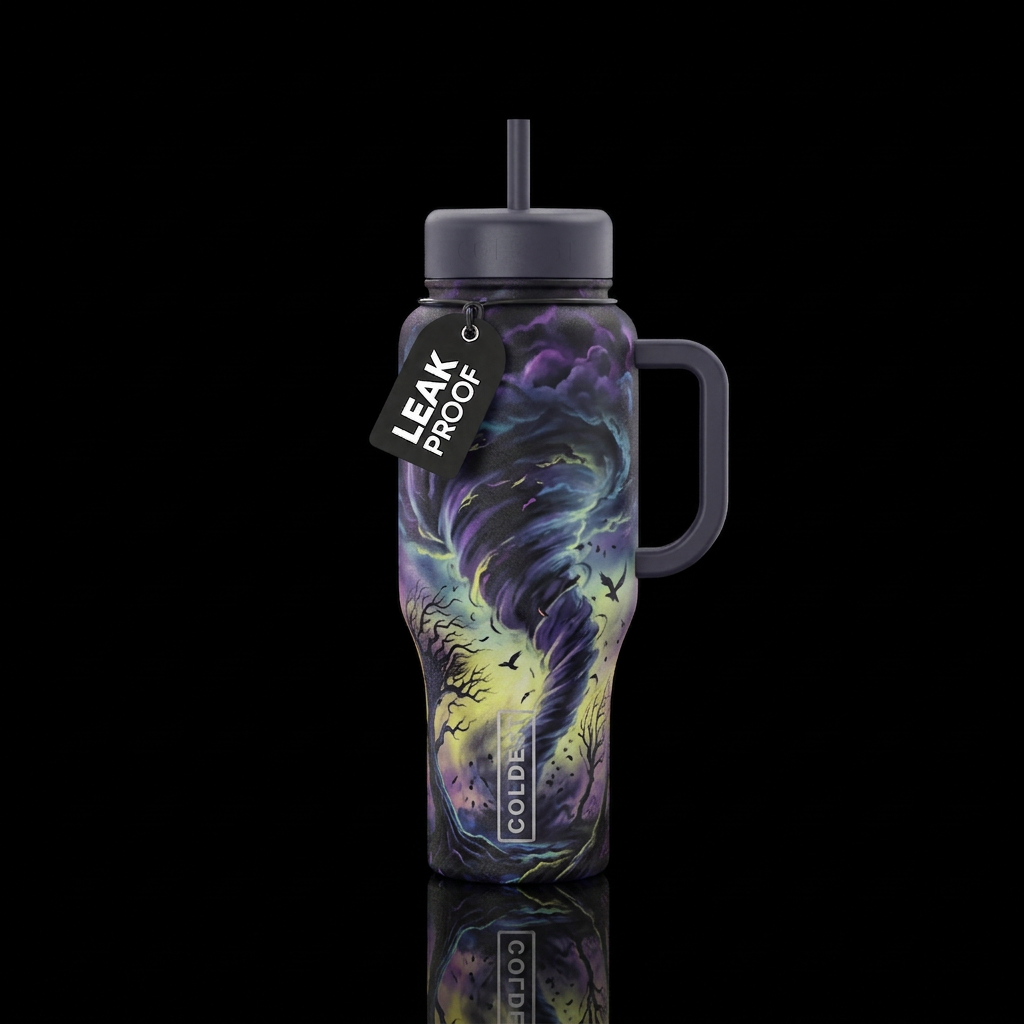 Tornado, scary, realism, clouds, trees, dark mood,... water bottle design
