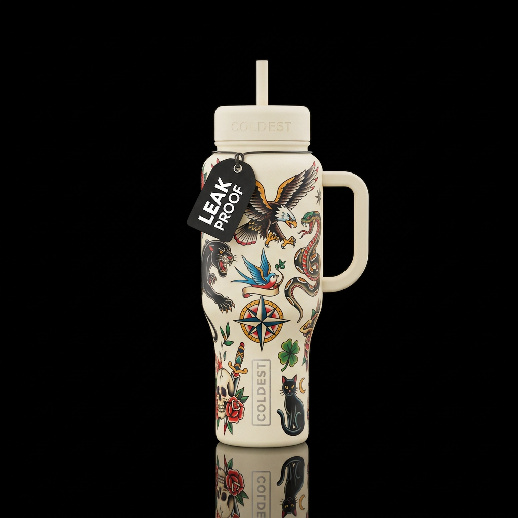 Cream colored bottle Covered in traditional tattoo... water bottle design