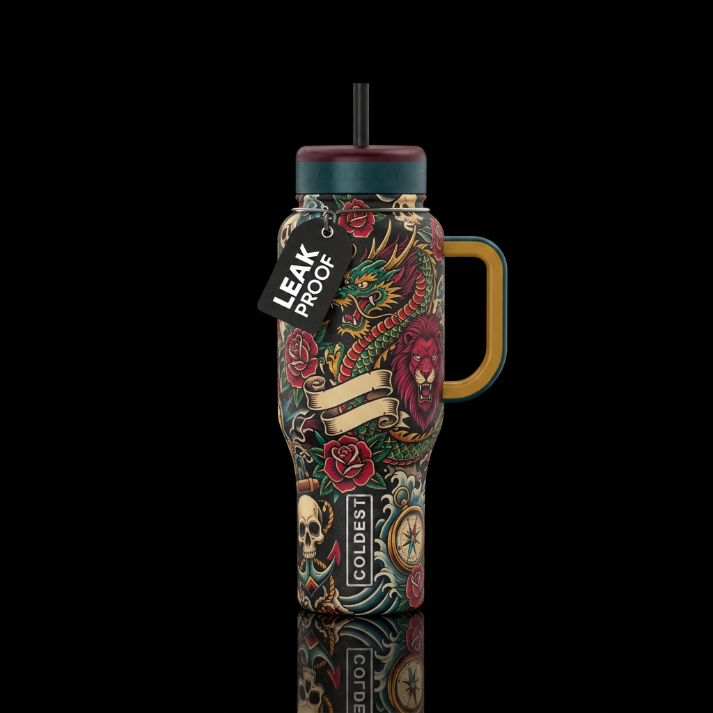 Bottle looks like a tattoo sleeve with traditional... water bottle design