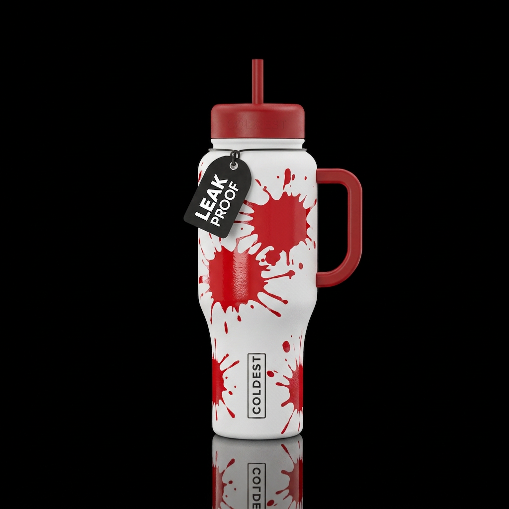 White bottle with large red paint splatter water bottle design