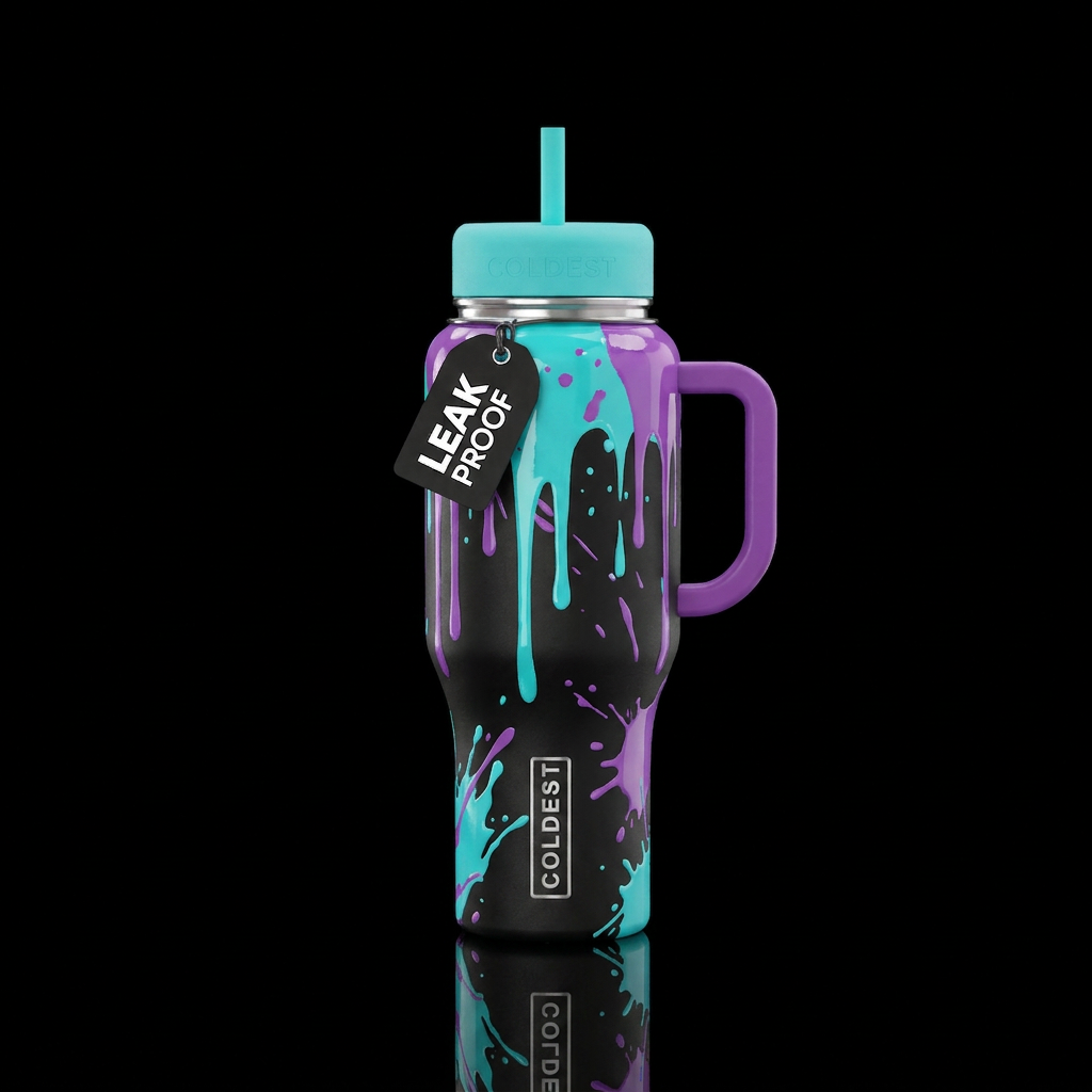 Black bottle with turquoise and purple paint drips... water bottle design