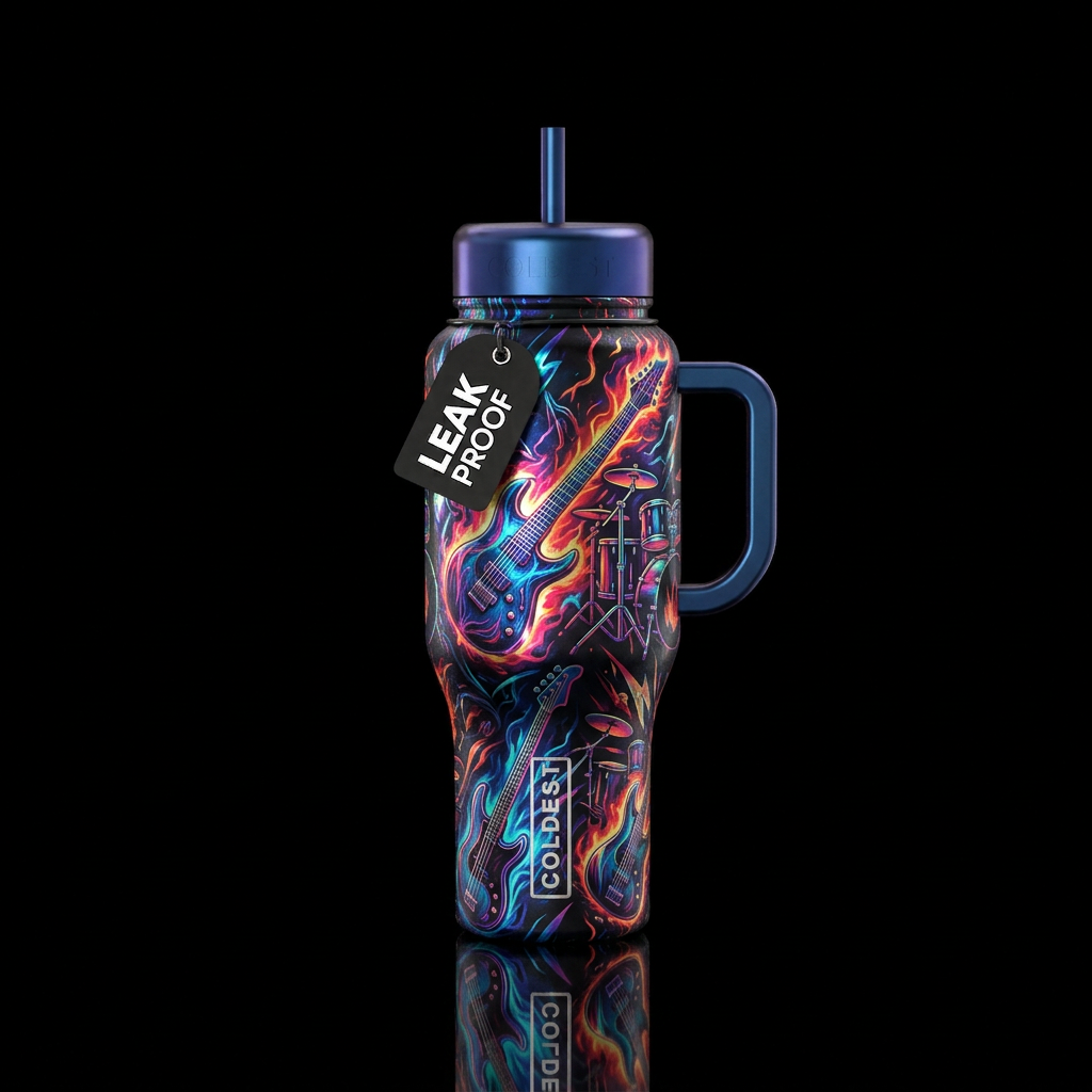 Rock and roll, heavy metal, electric guitar, drum ... water bottle design