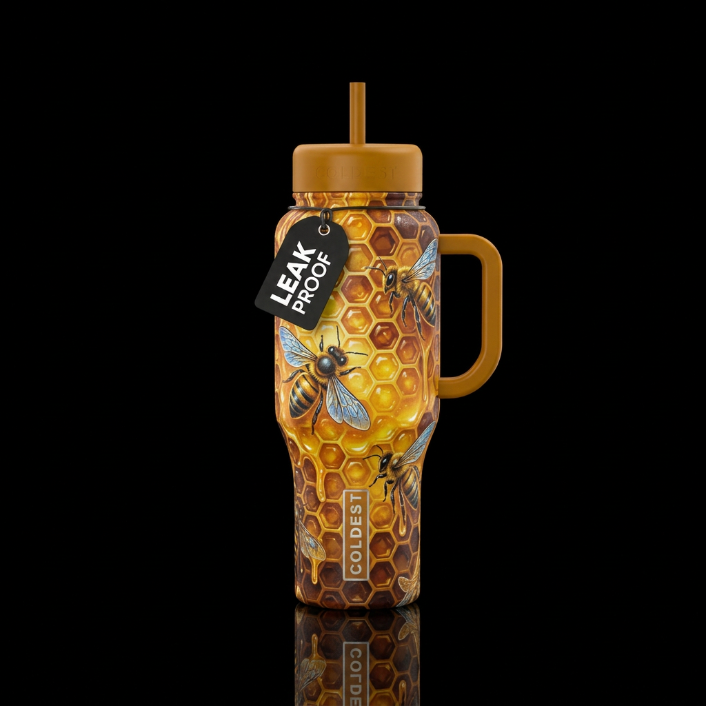 Honeycomb, bees, flying, honey, beautiul, vibrant water bottle design