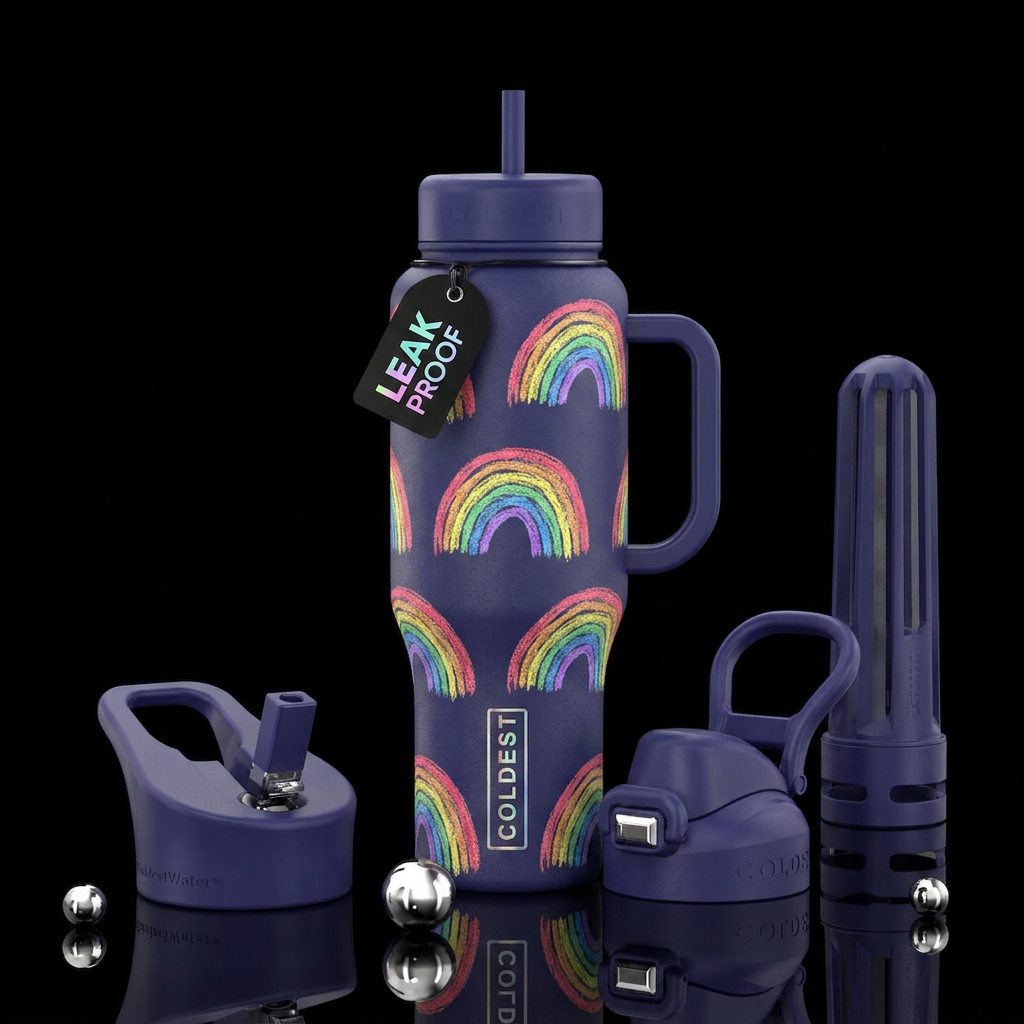 Chalk drawn rainbows water bottle design
