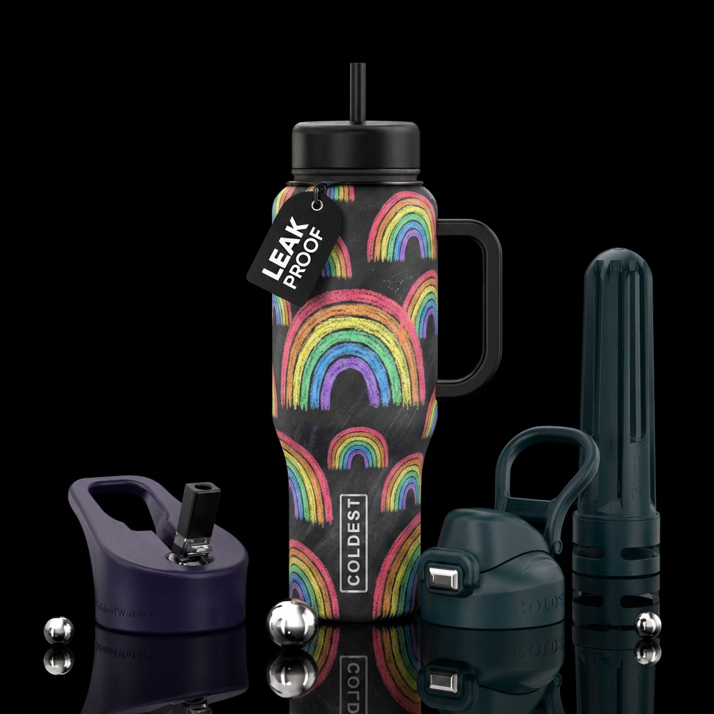 Chalk drawn rainbows water bottle design