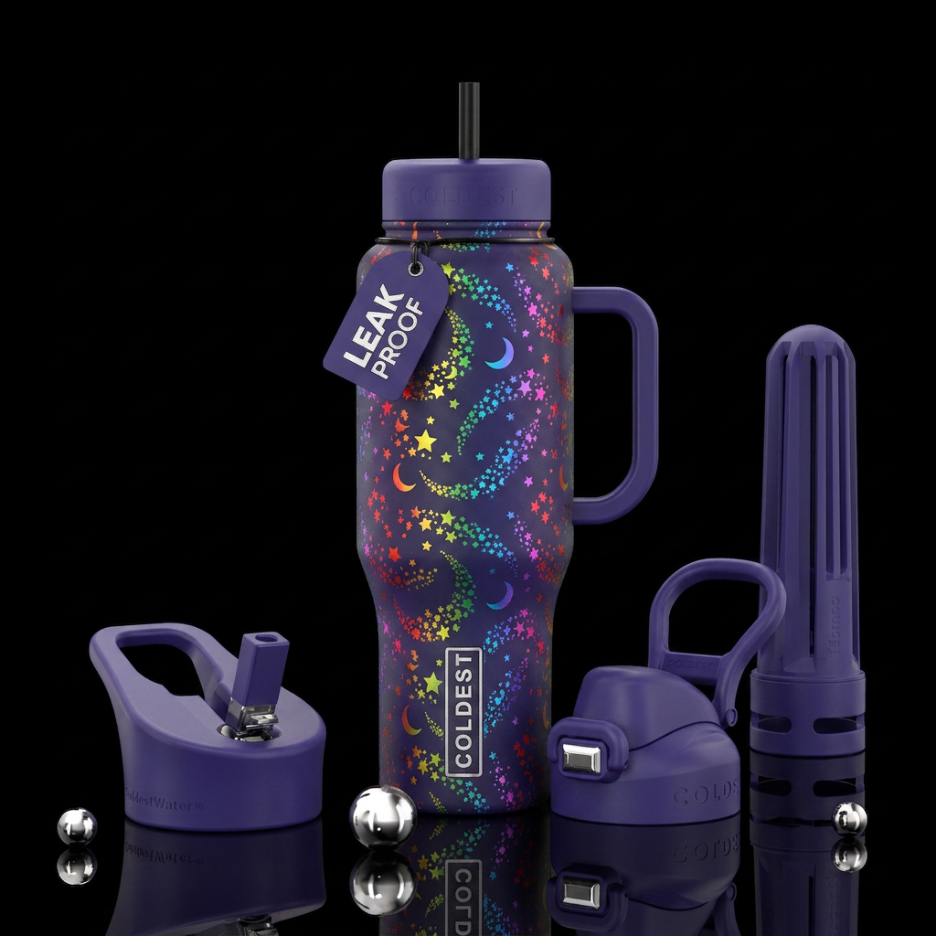 Twirling rainbow stars ans moons water bottle design