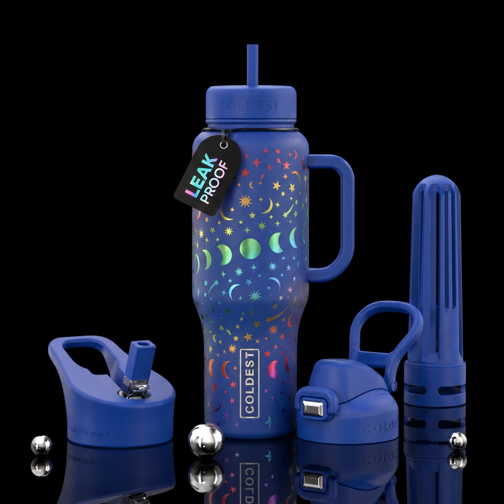 Twirling rainbow stars ans moons water bottle design