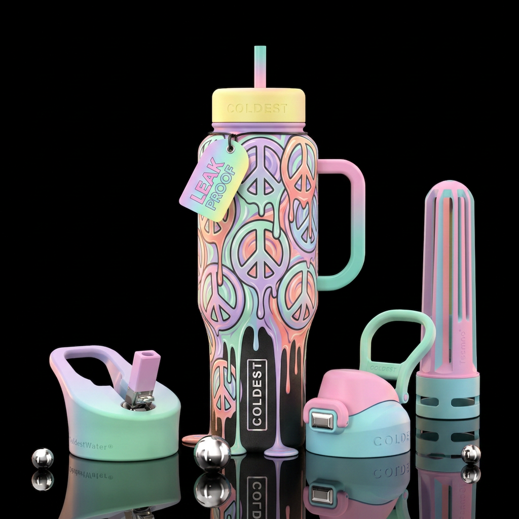 Twisted, swirly peace symbols thar drip like they ... water bottle design