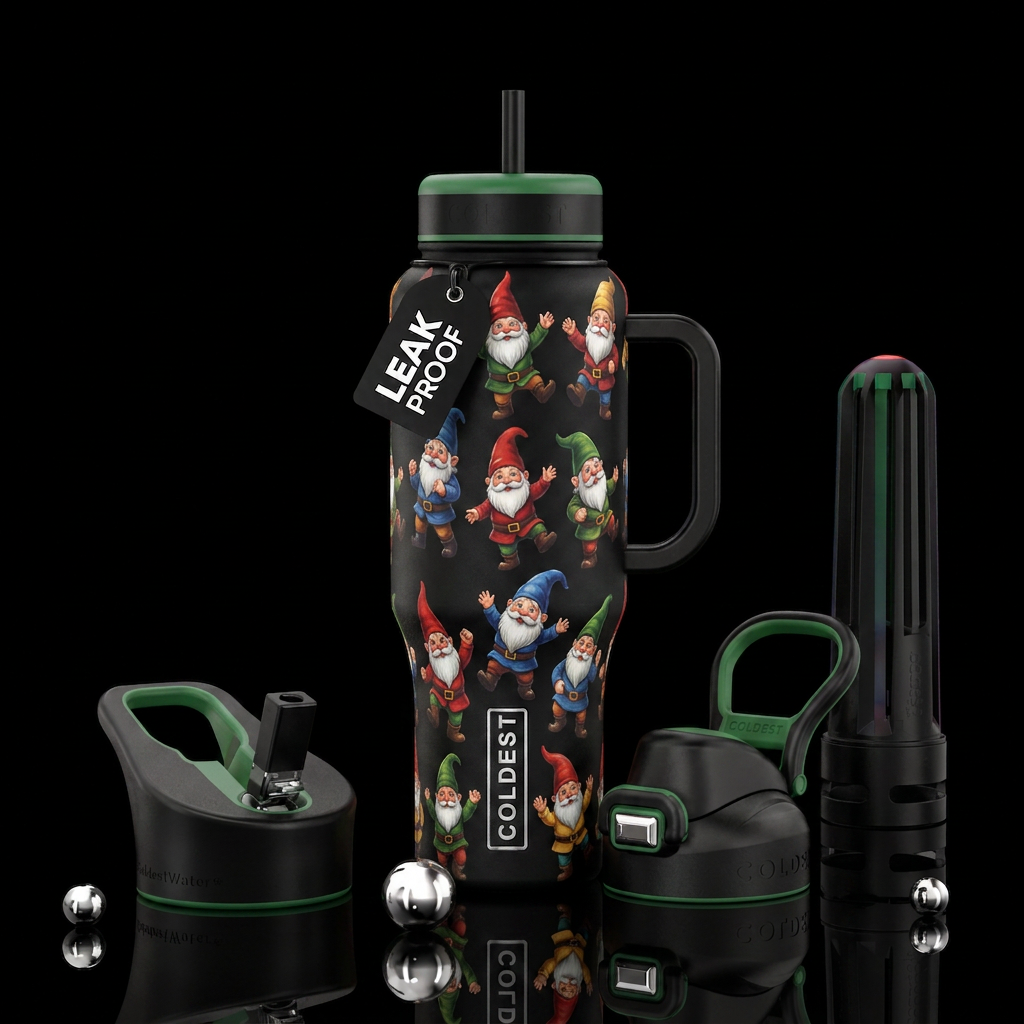 Dancing gnomes water bottle design
