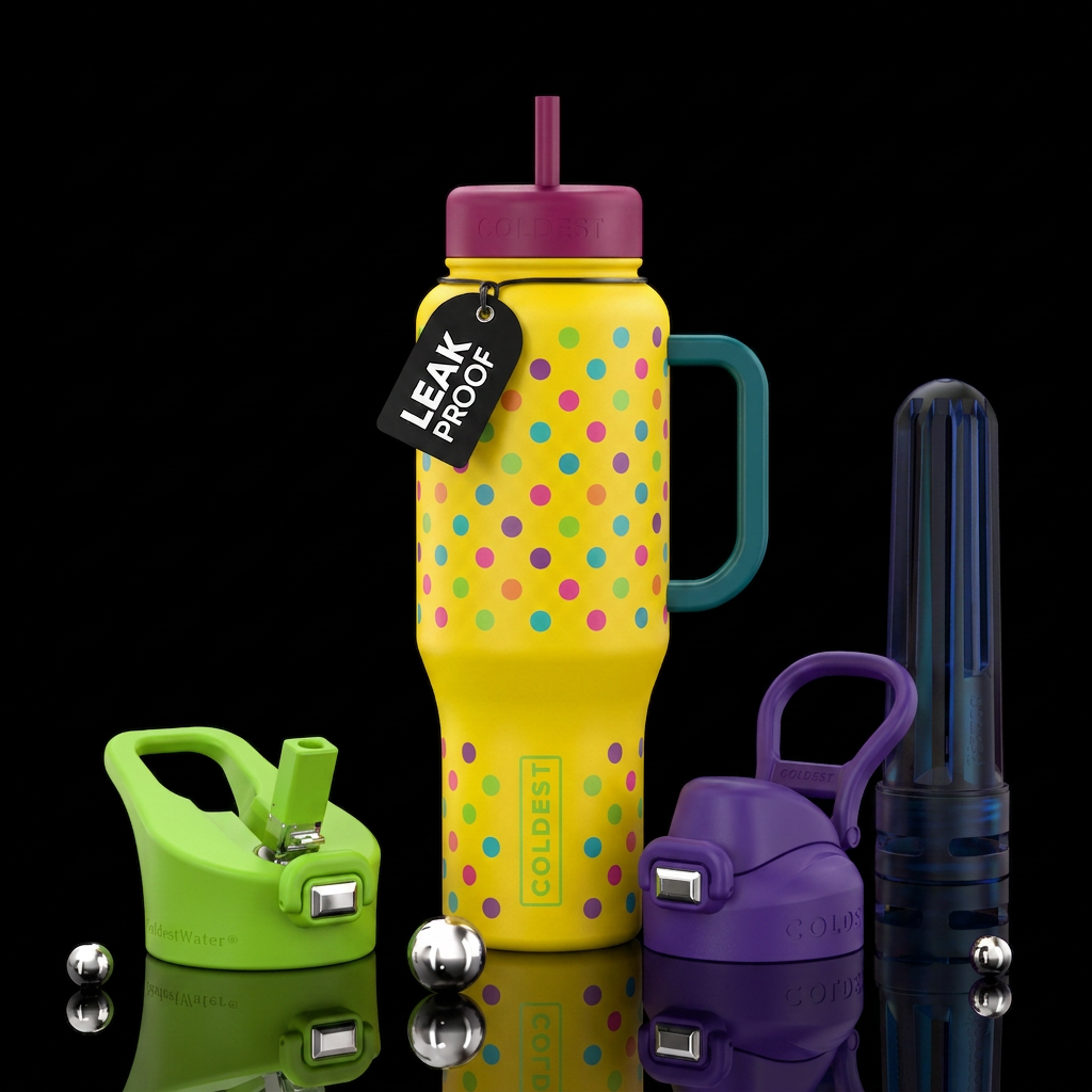 Yellow bottle with colored dots water bottle design