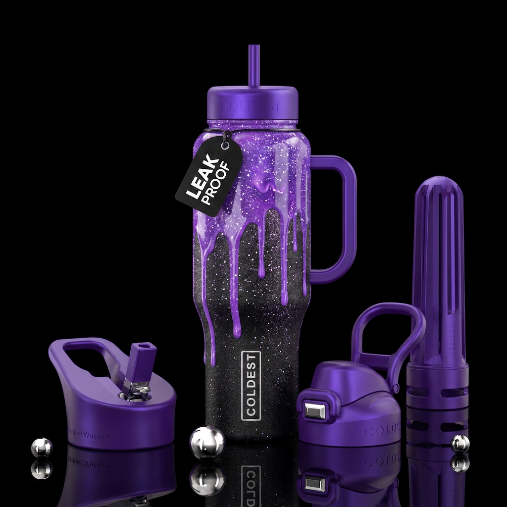 Dreamy purple dripping paint with light glitter water bottle design