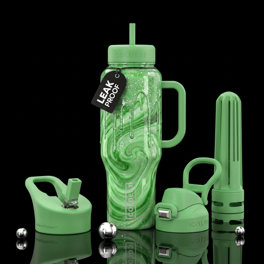 Spring green swirling with dripping paint and ligh... water bottle design