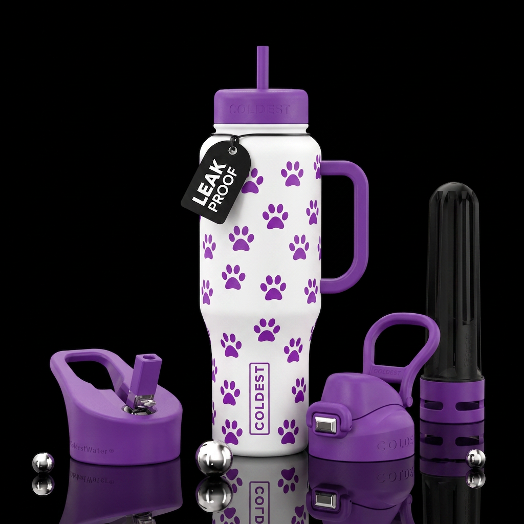 White bottle with purple paws water bottle design