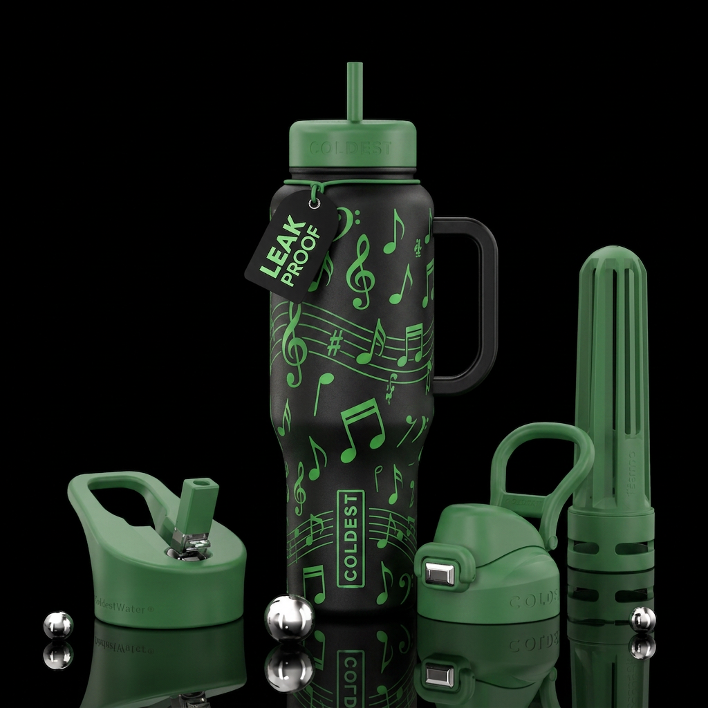 Black bottle with green music notes water bottle design