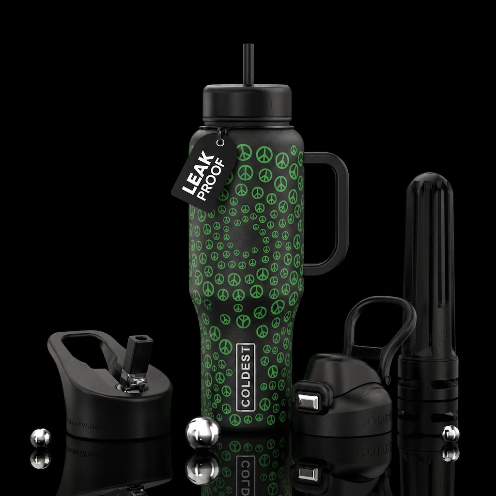Black bottle with small green peace symbols swirli... water bottle design